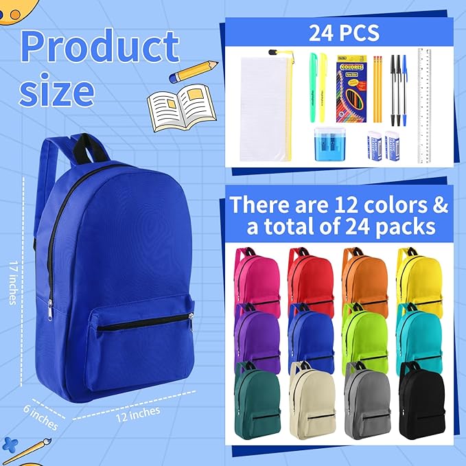 12 Set Bulk Backpacks with School Supply Kit 17 Inch Book Bags in Bulk and Back to School Supplies Stationery Kit for Kids Boy