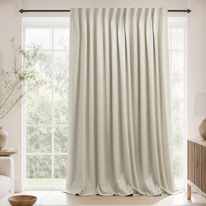Extra Wide Linen Blackout Curtains Drapes 96 Inch Long, Pleated Noise Reducing Thermal 8FT Floor to Ceiling Black Out Curtain for Living Room, Cortinas para Puertas de Vidrio,100 x 96 By Size 1 Panel