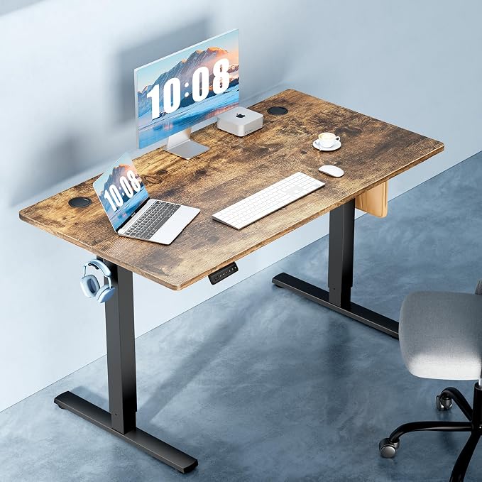 DUMOS 55 Inch Electric Standing Desk Height Adjustable, Sit to Stand Computer Workstations Large Work PC Table Home Office Writing Gaming Desks with Memory Presets for Walking Pad, Bedroom, Rustic
