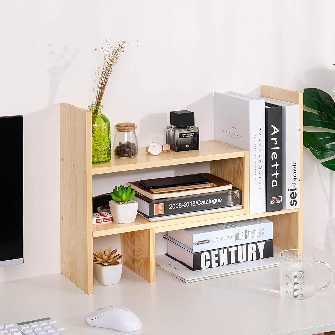 Desktop Organizer Office Storage Rack Adjustable Natural Wood Display Book Shelf Stand Rack Wood Caddy Desk Organizer Set Office Storage Expandable Tabletop