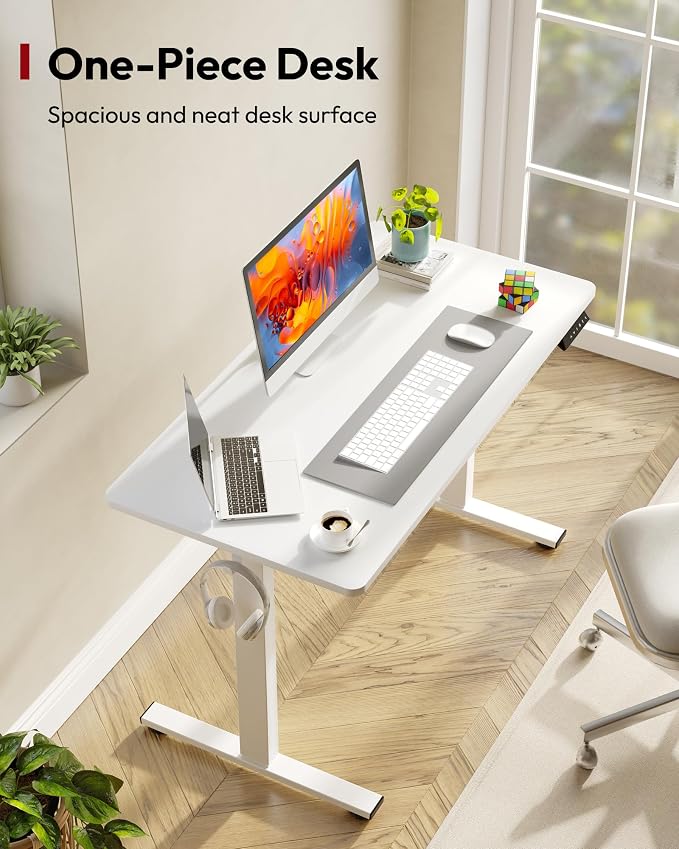 SANODESK One-Piece Electric Standing Desk, Seamless 40 x 24'' Ergonomic Height Adjustable Sit Stand Desk with Memory Presets for Home Office Computer Workstation, White Frame/White Top