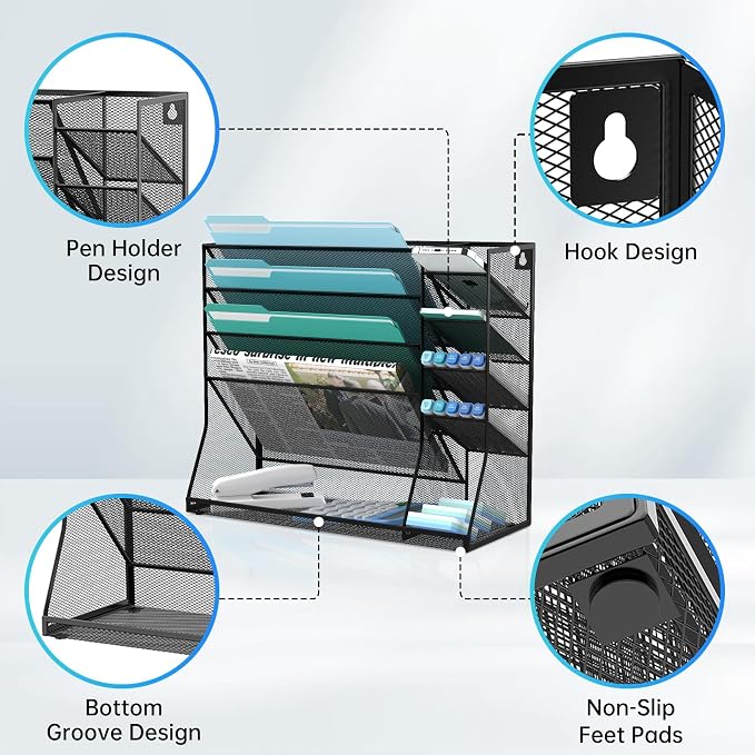 Wall File Organizer, 5-Tier Wall Organizer for Office with 4 Pen Slots, Vertical Hanging File Folder Holder with R-shaped Bottom Tray, Mesh Mail Holder Desk Organization for Workspace, Black