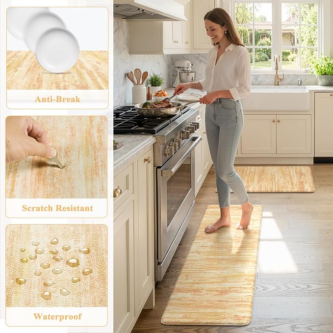 KIMODE Fall Decor Kitchen Mats Cushioned Anti Fatigue,Orange Aabstract Rugs | Farmhouse Kitchen Rugs Sets of 2,Waterproof Kitchen Mats for Floor,Padded Kitchen Floor Mat for Sink Laundry Desk Bedroom RV