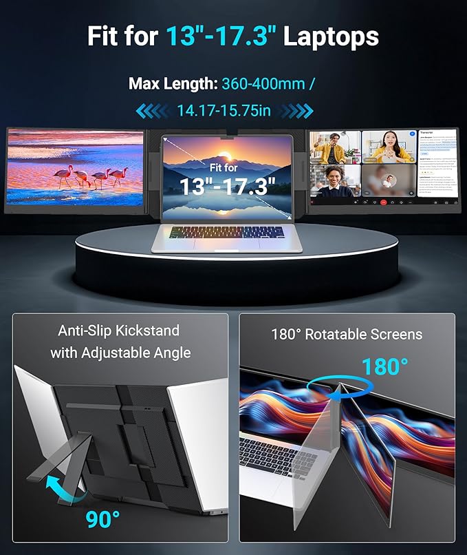 15.6" Laptop Screen Extender, 1080P FHD Triple Portable Monitor for Laptops, Ultra-Slim Travel Dual Monitor Fit for 13-17.3" Laptops, USB-C Plug&Play Extended Screen Compatible with Win/Mac/Android