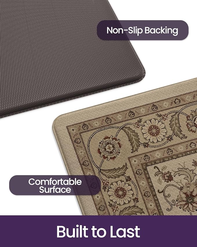 DEXI Kitchen Mats for Floor Cushioned Anti Fatigue, 23x86 Extra Large Wide Runner Rug Non Slip, Waterproof Soft Comfort Standing Rubber Padded, Brown Floral