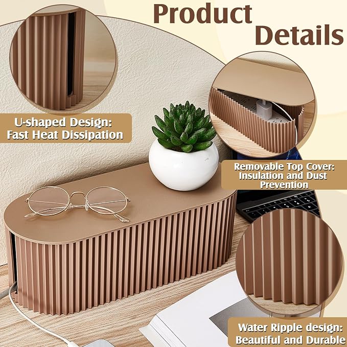 2 Pcs Cable Management Box, Fits Most Power Sockets, 11.8x5.1x4.3 in | Hides Cords & Power Sockets, Bamboo Lid, Beige & Black Options, Includes 48 Accessories, Home Office Desk or Floor Use