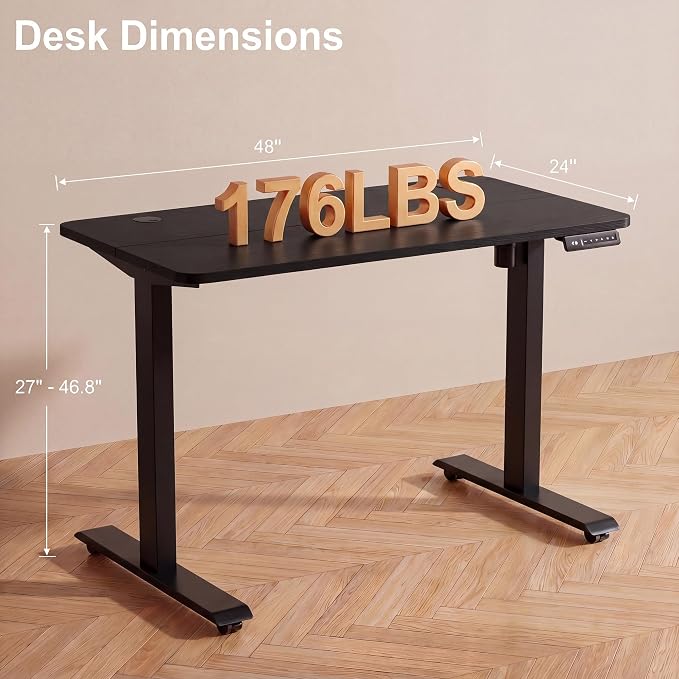 Electric Standing Desk with Power Outlets and USB-C Port, 48 x 24 Inches Adjustable Height Sit Stand Up Desk for Home Office, Adjustable Desk with Memory Preset and Wheels, Black