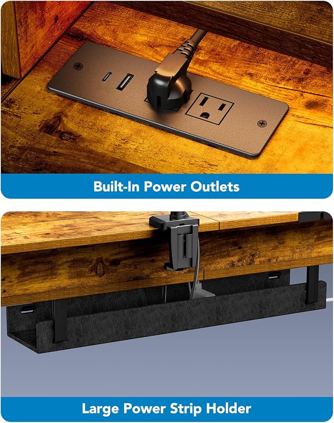 HUANUO 65″ L Shaped Standing Desk with 3 Drawers, Vintage Brown | Built-in Power Outlets, LED Strip, Smooth Electric Height Adjustment, 4 Memory Presets, 220 lbs Capacity, Power Strip Holder