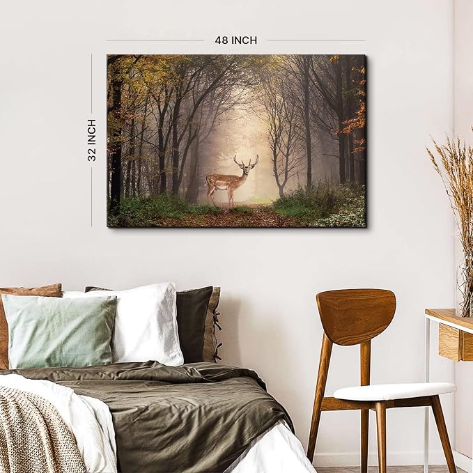Wild Animal Landscape Canvas Wall Art Deer in Autumn Foggy Forest Picture Wall Decor Elk Wildlife Scenery Photo Prints Painting Decoration for Modern Living Room Bedroom Bathroom Home Art 32x48 Inch