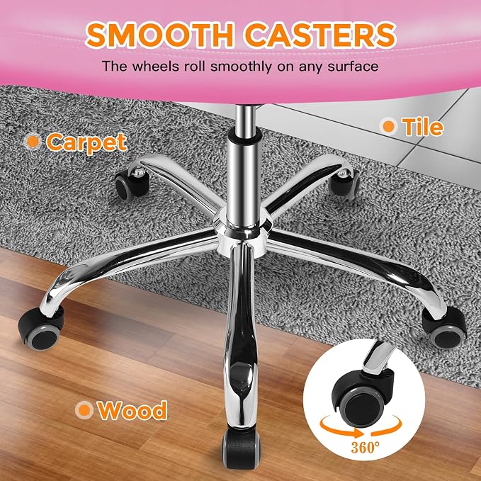 Pink Office Chair with Wheels - 360° Swivel Armless Back Support，Comfortable Pu Adjustable Rolling Desk Chairs for Office，Home，Vanity，Bedroom，Big Space (Widened Pink)