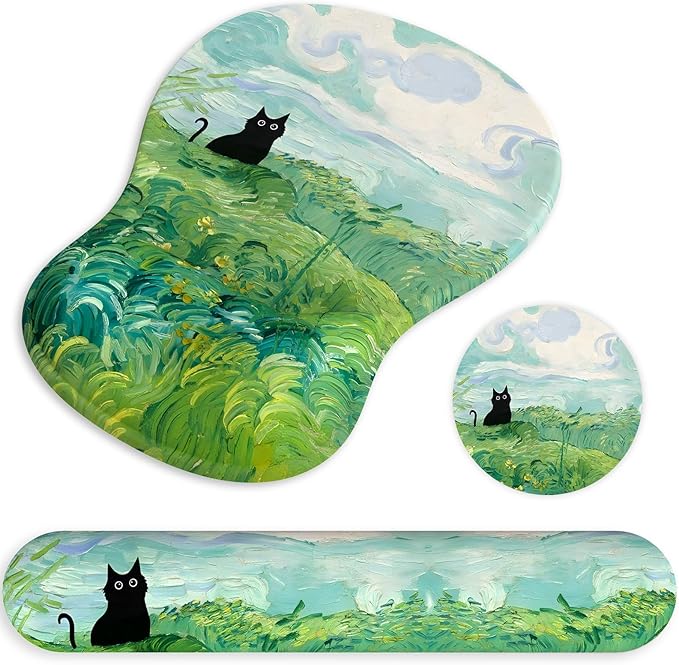 Ergonomic Mouse Pad with Wrist Rest and Keyboard Wrist Rest, Gel Mousepad and Wrist Rest for Computer Keyboard, Pain Relief, Non-Slip PU Base, Mouse Pad with Wrist Support for Gaming, Office, Cat
