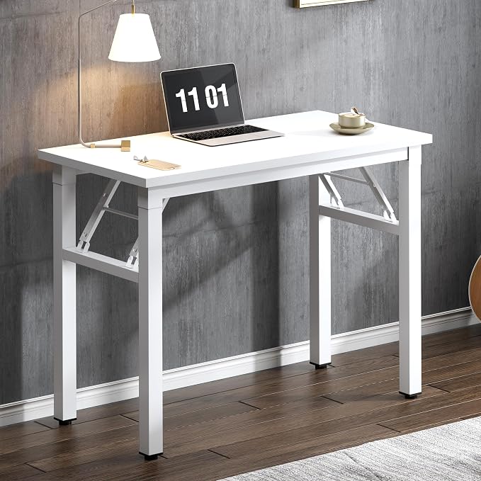 SogesHome No Assembly Folding Computer Desk, 31.5 Inch Small Compact Desk for Home Office, Modern Writing Table with Adjustable Leg Pads, Gaming Desk for Living Room, Dorm and Small Spaces, White