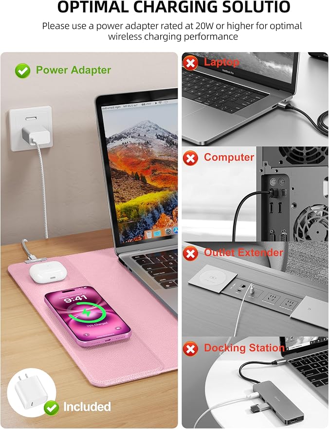 TopMade Mouse Pad with 15W Wireless Charging, XXL Large Leather Desk Mat, Waterproof Gaming Mousepad Home Office Desk Pad Protector, Pink (Includes 20W PD Power Adapter & 6.56ft Woven Cable)