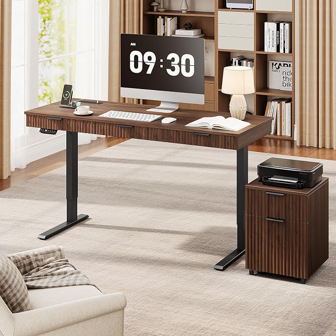 55" Electric Standing Desk with File Cabinet,Height Adjustable Desk,Walnut | Standing Desk with Drawers, Roilling Filing Cabinet, File Cabinet with Drawers, Adjustable Desk for Home Office, Work, Study