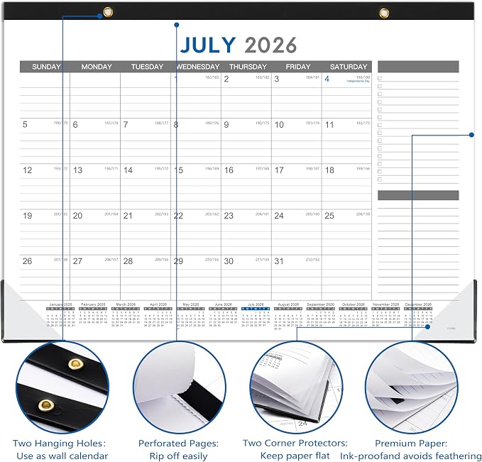 2026-2027 Desk Calendar - July 2026 - Dec 2027, 18 Months Calendar Pad with Black Corner Protectors, 17" x 12", Large Ruled Blocks, Large Office Desk Top Calendar