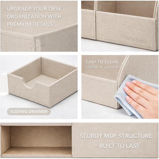 UnionBasic Desk Organizer - Multifunctional Leather Desktop Pen Holder Storage Box - Business Card/Pen/Pencil/Mobile Phone/Stationery Holder, Beige