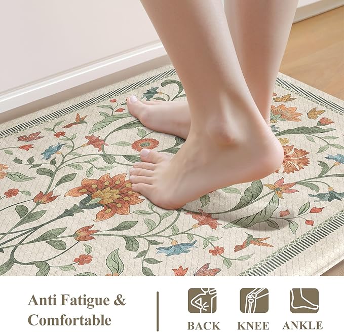 Collive Kitchen Mats for Floor, Cushioned Anti Fatigue Mat Floral Rugs 2 Piece Non Skid Waterproof Sink Rug, Memory Foam Comfort Standing Mat for Office, Laundry, Desk, 17.3"x29"+17.3"x47", Beige