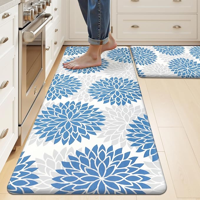 HEBE Anti Fatigue Kitchen Rugs Set of 2, Cushioned Kitchen Mats for Floor | Non Slip Washable Kitchen Runner Rug Set, Floral Stain Resistant Waterproof Comfort Mat Carpet for Sink, Standing Desk