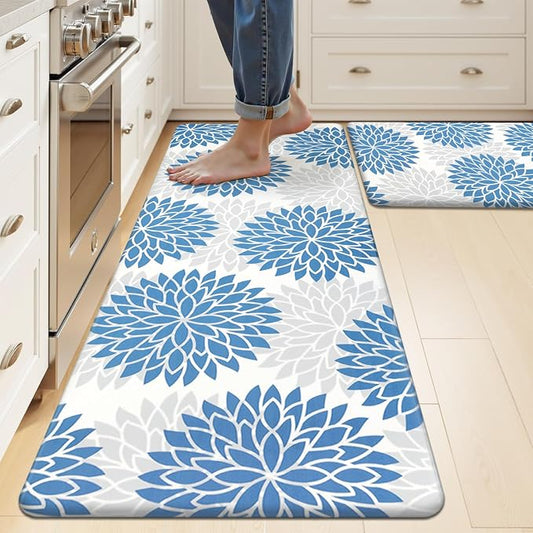 HEBE Anti Fatigue Kitchen Rugs Set of 2, Cushioned Kitchen Mats for Floor | Non Slip Washable Kitchen Runner Rug Set, Floral Stain Resistant Waterproof Comfort Mat Carpet for Sink, Standing Desk