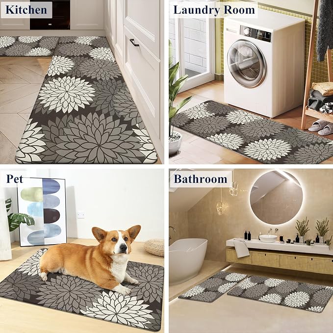 HEBE Anti Fatigue Kitchen Rugs Set of 2, Cushioned Kitchen Mats for Floor | Non Slip Washable Kitchen Runner Rug Set, Floral Stain Resistant Waterproof Comfort Mat Carpet for Sink, Standing Desk