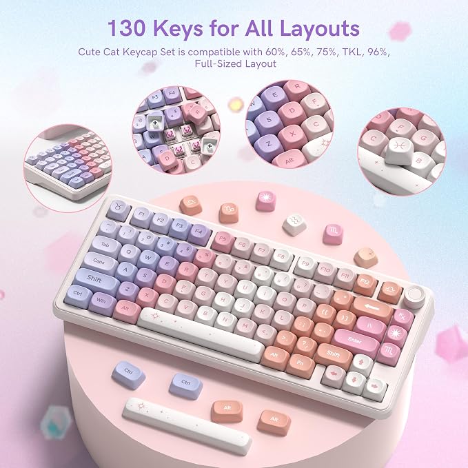 Keymatic PBT Keyboard Keycaps 126 Keys MOA Profile Cute Keycap Custom 60 65 75 100 Percent for Cherry MX, Outemu, Gateron Mechanical Keyboards(Only Keycap Set)