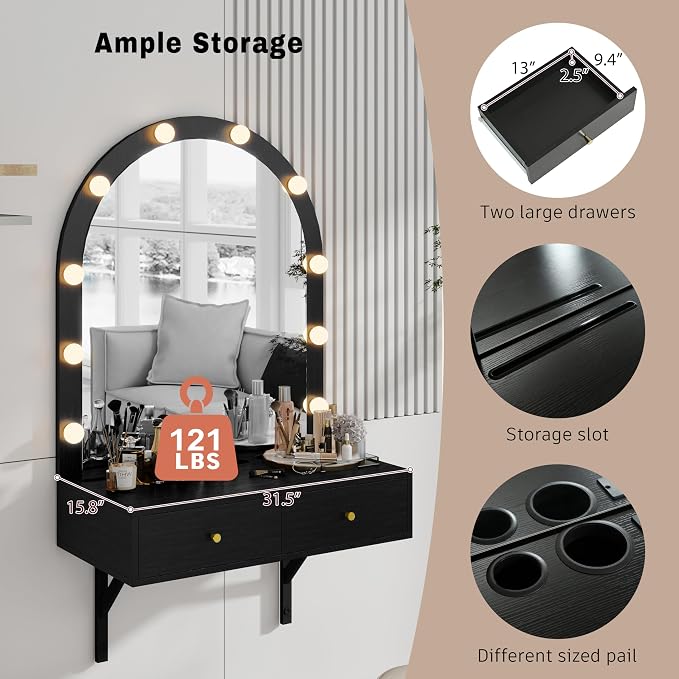 Merax Black Floating Vanity Desk Vanity Mirror with Lights, 3 Color Adjustable, 2 Storage Drawers & Charging Station, Wall-Mounted Makeup Vanity Shelf for Bedroom Hairdressers, 31" D x 54" H