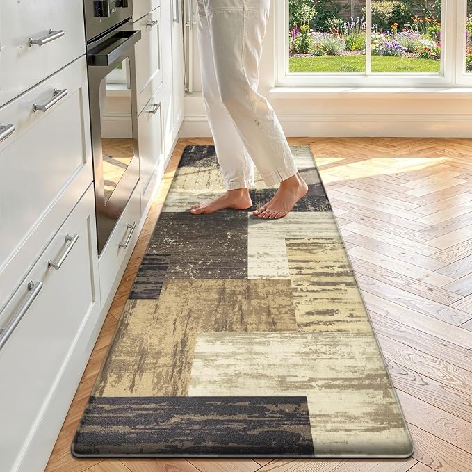 LOKHOM Anti Fatigue Kitchen Mats for Floor, 24x59 Non Slip Modern Cushioned Standing Comfort Kitchen Runner Rug, Waterproof Geometric Patchwork Memory Foam Padded for Sink Laundry Office, Chocolate