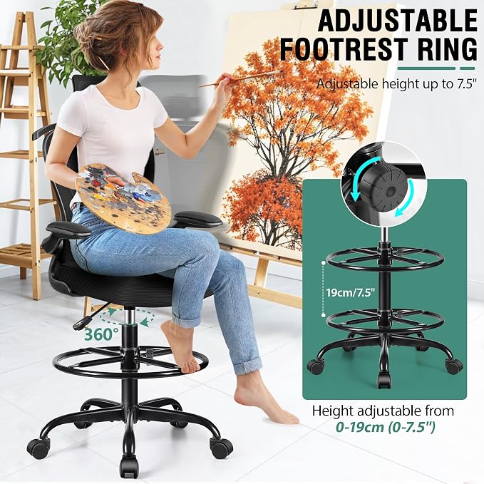 AtHope Drafting Chair, Tall Office Chair with 3D Lumbar & Head Support | Ergonomic Mesh Standing Desk Chair with Footrest Ring, Comfy Extended High Desk Chair with Flip-Up Arms & Hanger, Black