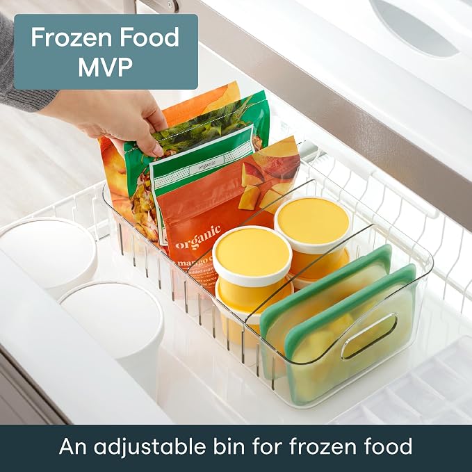 YouCopia FreezeUp Freezer Bin 15", BPA-Free Clear Fridge Organizer with Adjustable Dividers and Handles for Frozen Food and Leftovers