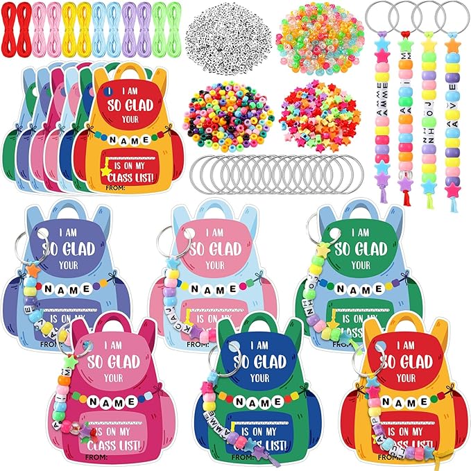 Cunno 1446 Pcs 36 Set Back to School DIY Bead Keychain Making Kit Key Chain Crafts Alphabet Bead Jewelry Key Ring Welcome First Day of School Gift Swaps Graduation Party Favors(Bright Cute)