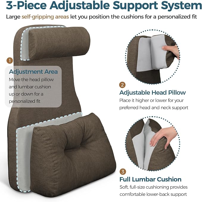 Shinnwa Adjustable Lumbar Support Pillow for Recliner with Headrest | Self-gripping fabric,Shredded Memory Foam filling,Back Support Pillow with Headrest, Lower Back Pillow for Chair and Couch