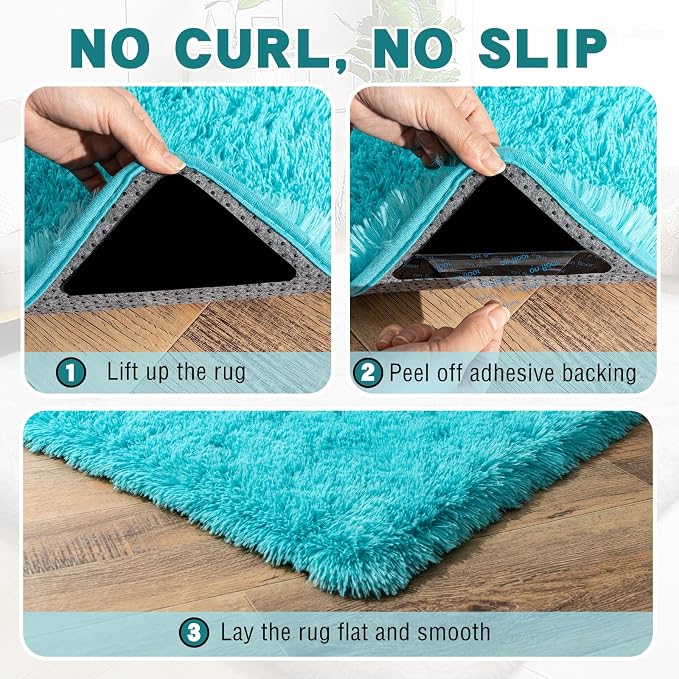 4x6 Area Rug for Bedroom, Soft Rugs for Living Room Nursery Kids Room Dorm Home Decor Aesthetic, Fluffy Shaggy Rug with 4 Anti-Slip Carpet Tapes, Teal Blue