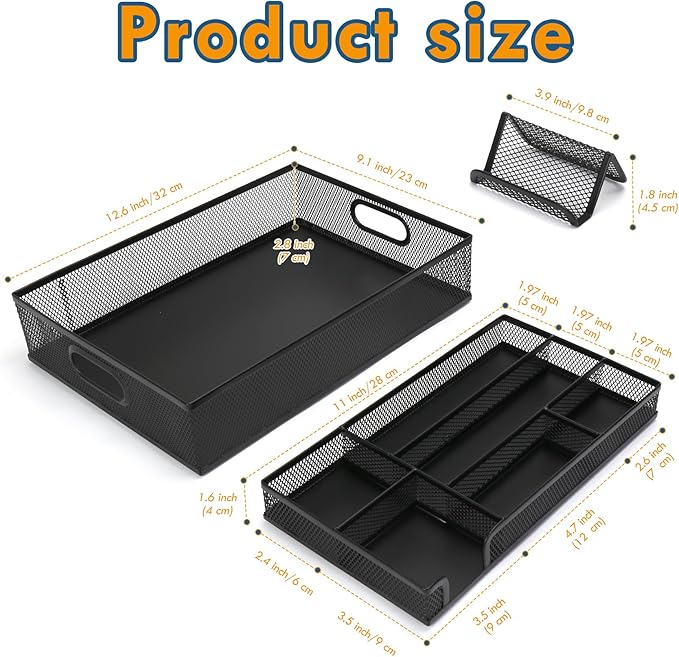Drawer Organizers, 3 Sets Metal Mesh Desk Drawer Organizer Trays, 2 Desktop Organizers with 2 Pcs Phone Brand Card Holders, Desk Drawer Box Tray for Office, Bathroom, Kitchen, Makeup, Vanity