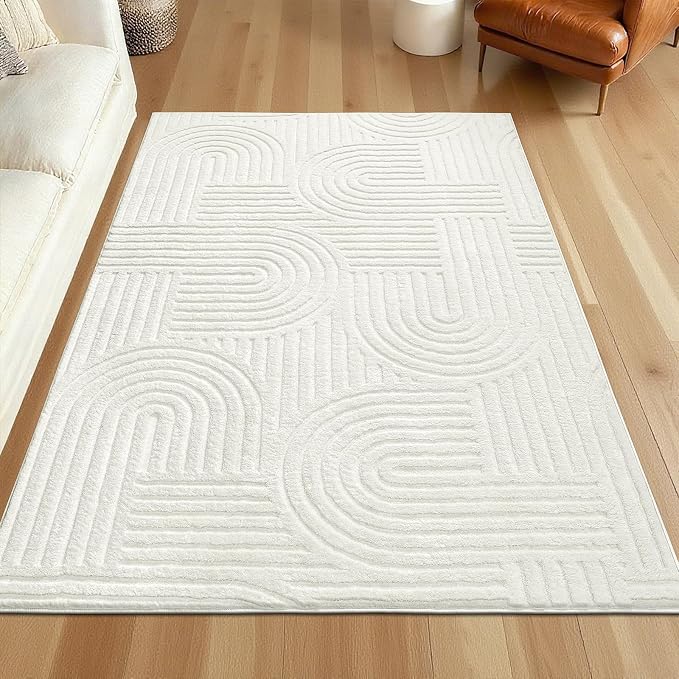 SHACOS Soft Cozy Fluffy Arch Pattern High Low Pile Rugs 5'x7' Non Slip Washable Scandinavian Minimalist Rug Modern Geometric Arc Carpet for Living Room Bedroom Dining Room, Cream White