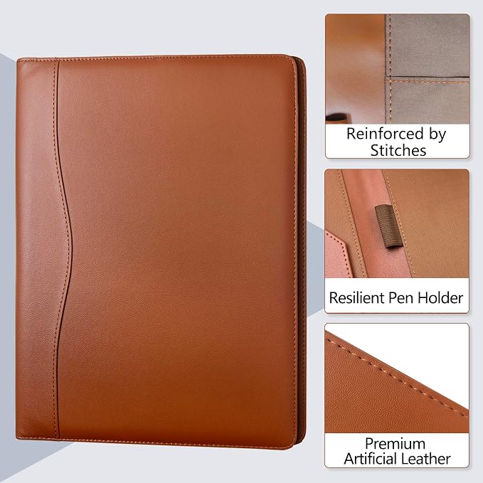 Padfolio Portfolio Folder Portfolio Organizer for A4 Size Pad - Faux Leather Folder with Storage Pocket, Card Holders & Pen Loop for Business Meeting, Office, Student (Brown)