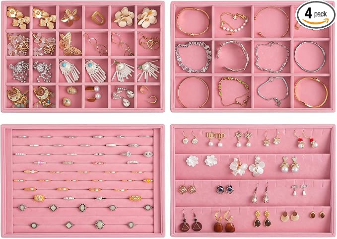 Jewelry Trays for Drawer,Set of 4 Jewelry Organizer and Storage | Velvet Material,Stackable,Adjustable Dividers,Drawer Inserts for Rings Studs Bracelet,Earring Organizer for Women Girls