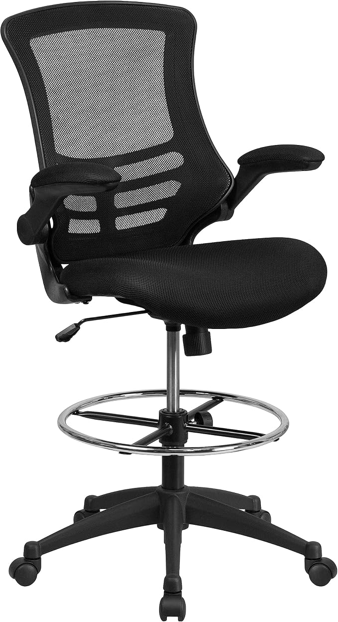 Flash Furniture Kelista Mid-Back Swivel Office Chair with Adjustable Seat Height, Ergonomic Mesh Desk Chair with Flip-Up Armrests, Black | Adjustable Foot Ring, Mid-Back, Flip-Up Arms, Mesh Back