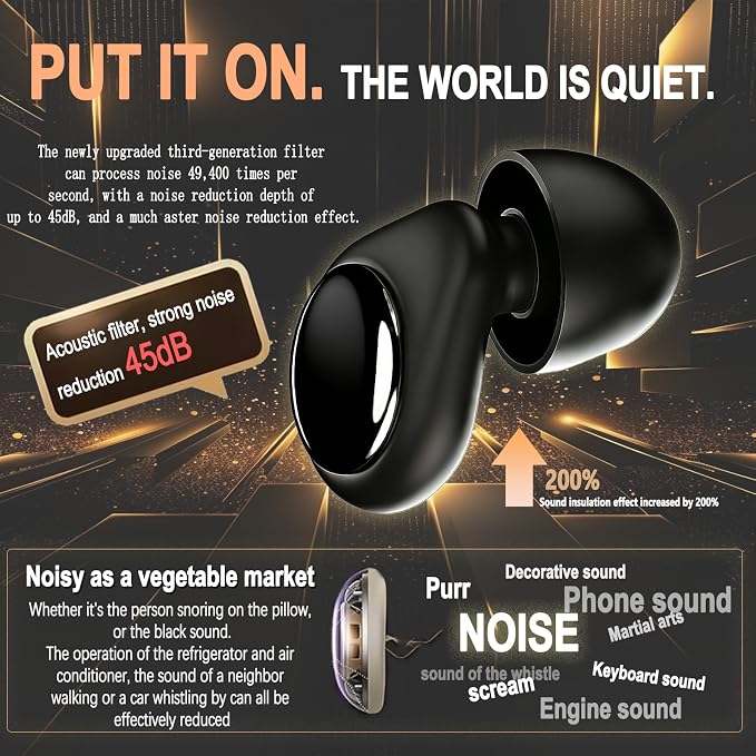 Silicone Ear Plugs, 45dB Noise Cancelling, Reusable Black Earplugs for Sleeping | 6 Replacement Tips Included, Noise Reduction for Snoring, Concerts, Airplane & Side Sleepers, Obsidian Black