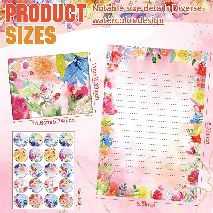 TaoBary 160 Pcs Stationery Paper Set 50 Double Sided Stationery Papers with 50 Matching Envelopes and 60 Round Dot Sticker, 10 Design(Bright Floral,5.5 x 8.25 Inch)