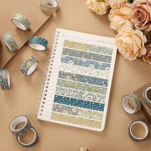 12 Rolls Watercolor Floral Washi Tape Set 15 mm Vintage Flower Decorative Masking Tape for Summer School Arts DIY Craft Scrapbook Journal Supplies Gifts(Earthy Tones,William Morris)