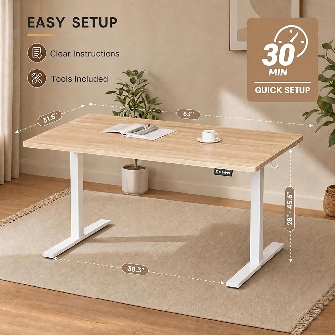 Grandder 63x32 Large Electric Standing Desk, Height Adjustable Computer Desk with 2 Memory Presets, 31.5" Deep Desktop Sit Stand Desk Home Office Desk Workstation Table with Hooks, Light Walnut