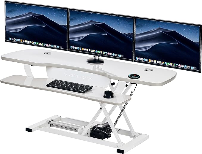VERSADESK PowerPro 48 Inch Electric Standing Desk Converter – Push-Button Height Adjustable Sit to Stand Desk Riser for Multiple Monitors – Motorized Desktop Workstation with Wide Keyboard Tray, White