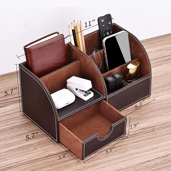 Pu Leather Desk Organizer Pen Pencil Holder Office Supplies Caddy Storage Box 6 Compartments with Drawer Brown