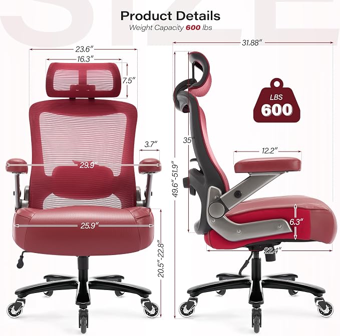 Big and Tall Office Chair 600lbs with 3D Flip Arms, Heavy Duty Large Executive Computer Desk Chair Ergonomic Mesh High Back Plus Size Chair for Adults