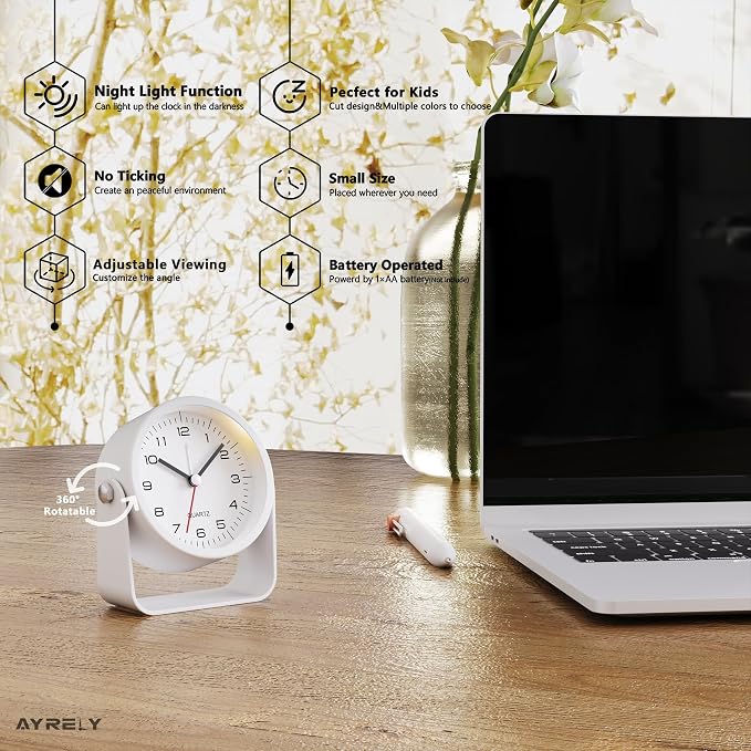 AYRELY® 3.5" Small Analog Travel Alarm Clock, Battery Operated Desk Clock | Cute Table Clock with Light, Adjustable Angle, Bedside, Bedrooms, Kids' Rooms and Living Room Decor (White)