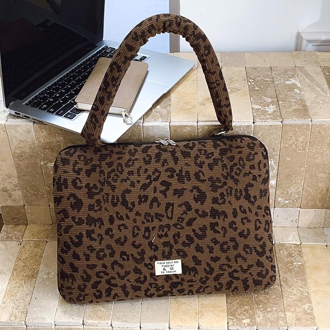 Leopard Print Laptop Case 11, 13,15 Inch Quilted Laptop Sleeve Soft Protective Cheetah Computer Sleeve for MacBook (Coffee, with Strap, 15 Inch)