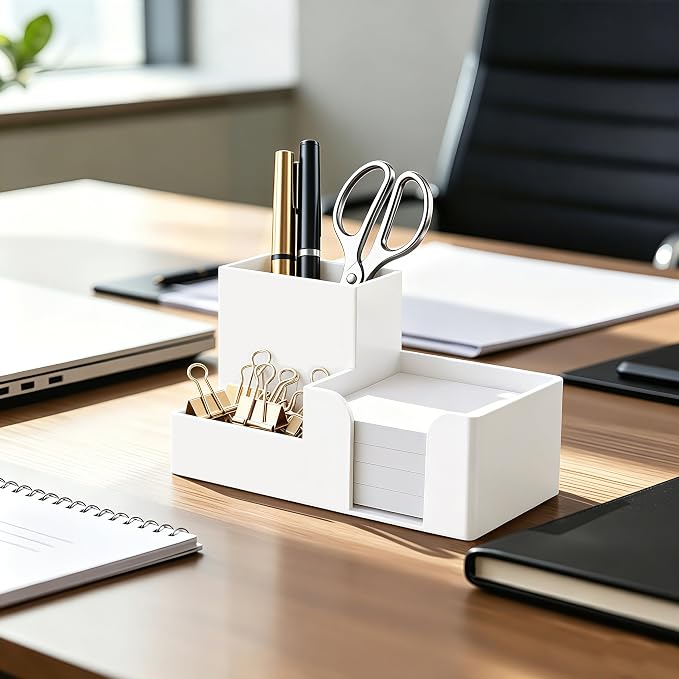 HBlife Acrylic Pen Holder for Desk, 3-Compartment Small Desk Organizer, White Office Supplies Desk Accessories with Sticky Notes Holder Stores Post It Notes 3X3 for Office, Home and School