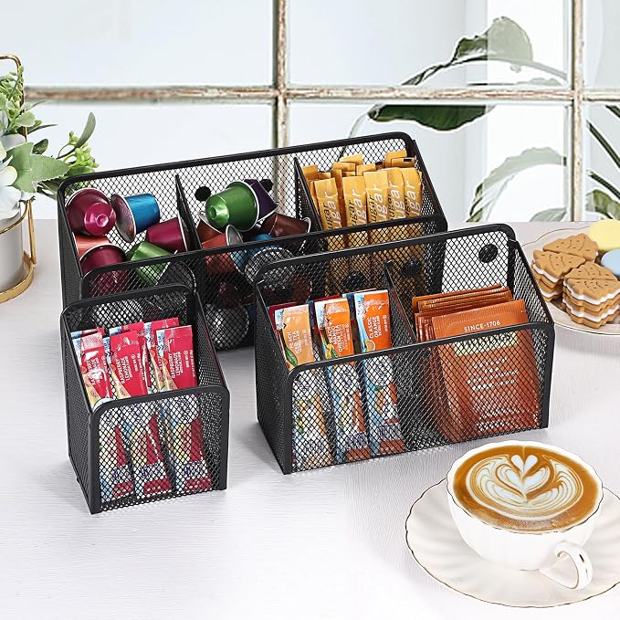 ELLDOO Magnetic Water Drink Packet Holder, 3 Compartments Magnetic Metal Mesh Tea Bag Organizer Sugar Packet Basket, Kitchen Organizers and Storage, Magnetic Pencil Holder