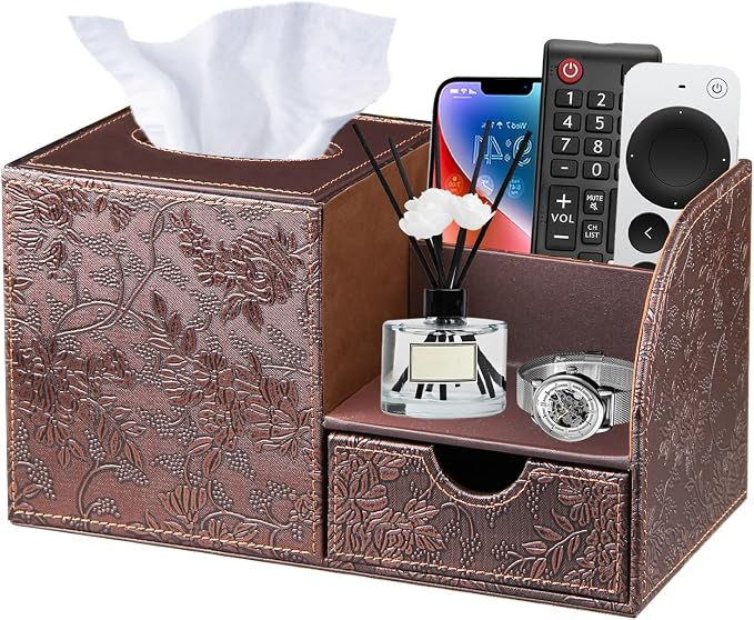 Nightstand Organizer with Tissue Holder,PU Leather Square Tissue Box Cover | Modern Facial Paper Organizer Storage Box for TV Remote Control,Bathroom,Vanity Countertop,End Table,Home and Office Decor