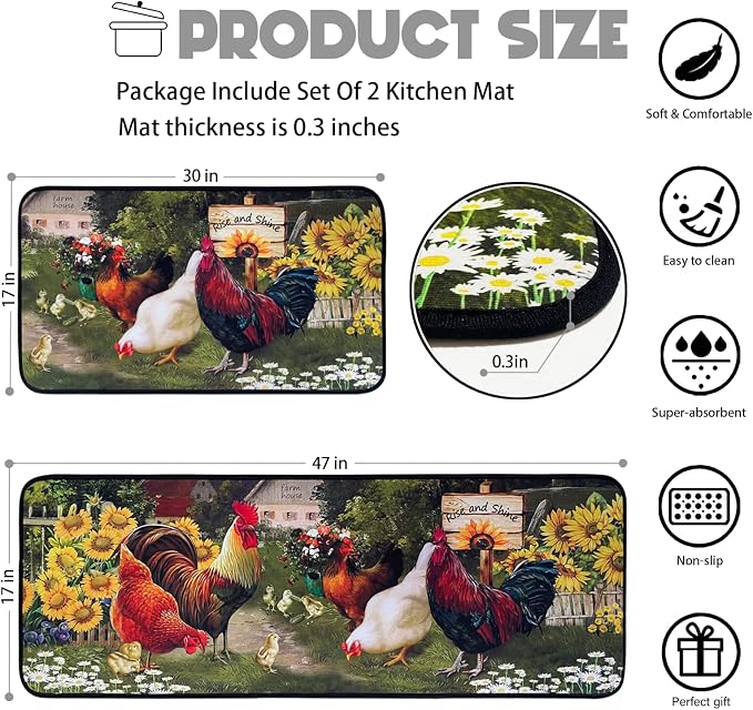 Voanos Rooster Kitchen Rugs,Non Skid Washable Microfiber mats for Kitchen Floor,Farmhouse Sunflower Kitchen Cushioned Runner Rug Decor Sets of 2, Size 17"x 47"+17"x 30"